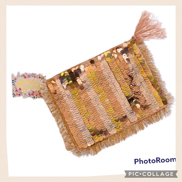 NWT Sparkling Gold & Peach Fringed Sequin Cosmetic Bag - Picture 1 of 5